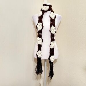 Dark Brown Copper Metallic Extra Long Skinny Scarf White Crochet Flowers Fairy